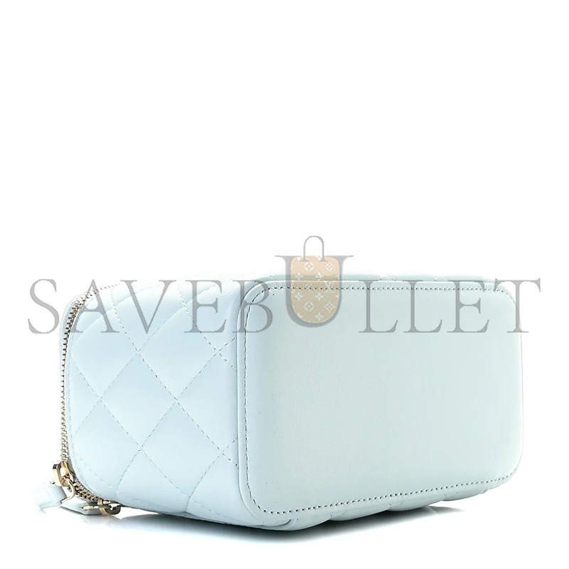 Ch**el MASTER LAMBSKIN QUILTED SMALL TOP HANDLE VANITY CASE WITH CHAIN LIGHT BLUE (16.5*10*8cm)